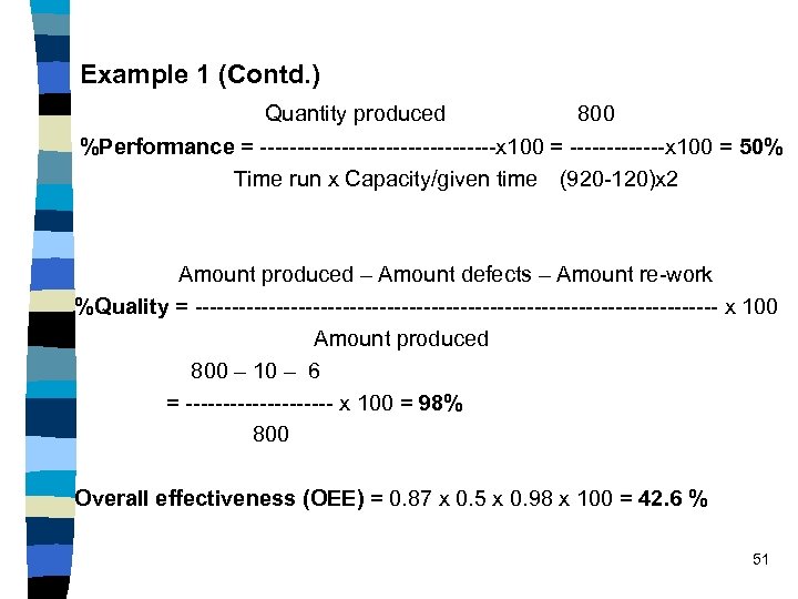 Example 1 (Contd. ) Quantity produced 800 %Performance = ----------------x 100 = 50% Time