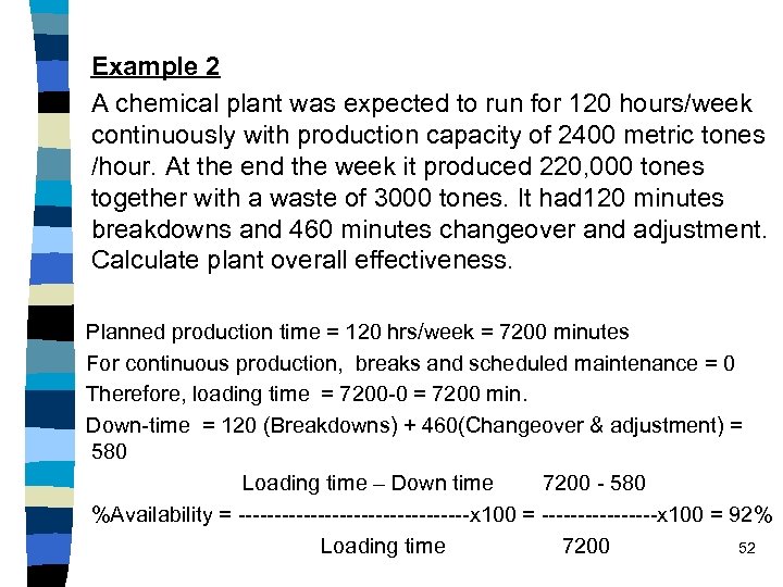 Example 2 A chemical plant was expected to run for 120 hours/week continuously with