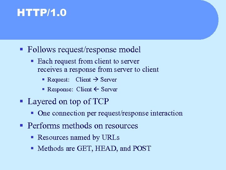HTTP/1. 0 § Follows request/response model § Each request from client to server receives