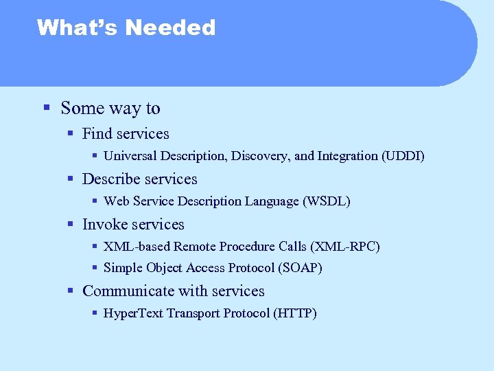 What’s Needed § Some way to § Find services § Universal Description, Discovery, and