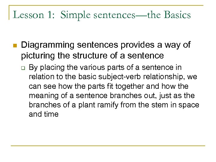 Lesson 1: Simple sentences—the Basics n Diagramming sentences provides a way of picturing the