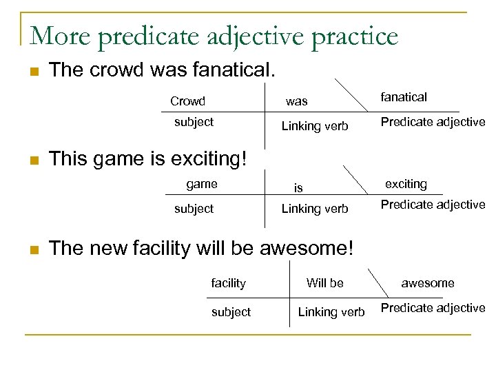 More predicate adjective practice n The crowd was fanatical. Crowd was subject n Predicate
