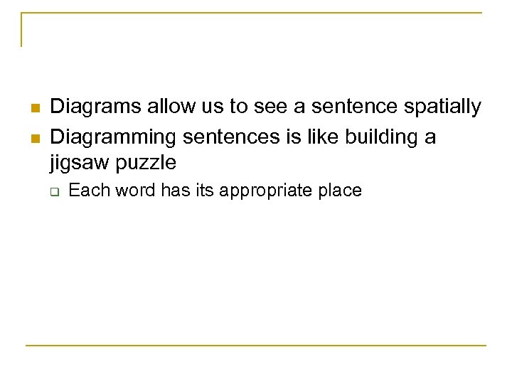 n n Diagrams allow us to see a sentence spatially Diagramming sentences is like