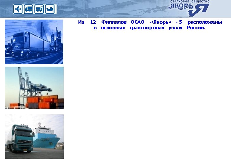 Из 12 Филиалов ОСАО «Якорь» - 5 расположены в основных транспортных узлах России. 