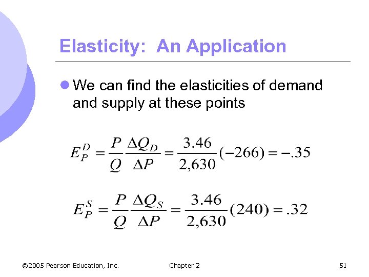 Elasticity: An Application l We can find the elasticities of demand supply at these