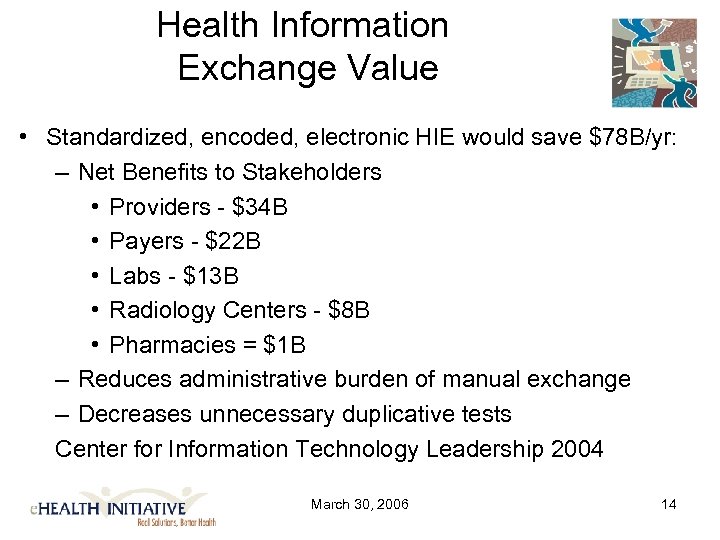 Health Information Exchange Value • Standardized, encoded, electronic HIE would save $78 B/yr: –