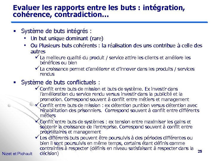 Evaluer les rapports entre les buts : intégration, cohérence, contradiction… § Système de buts
