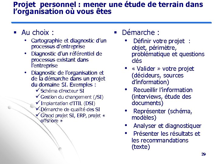 Projet personnel : mener une étude de terrain dans l’organisation où vous êtes §