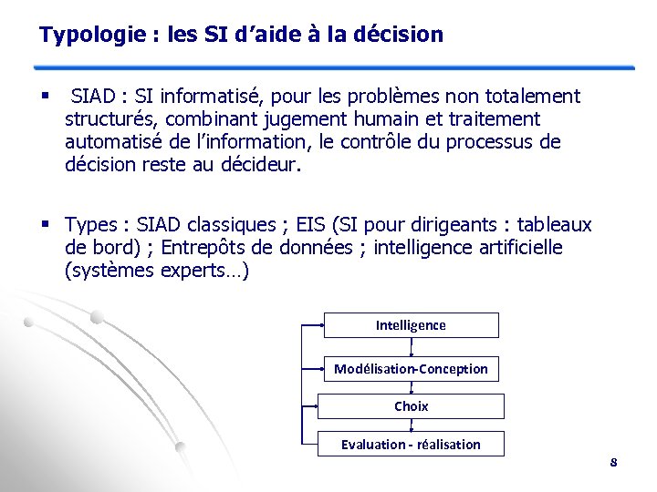 Typologie : les SI d’aide à la décision § SIAD : SI informatisé, pour