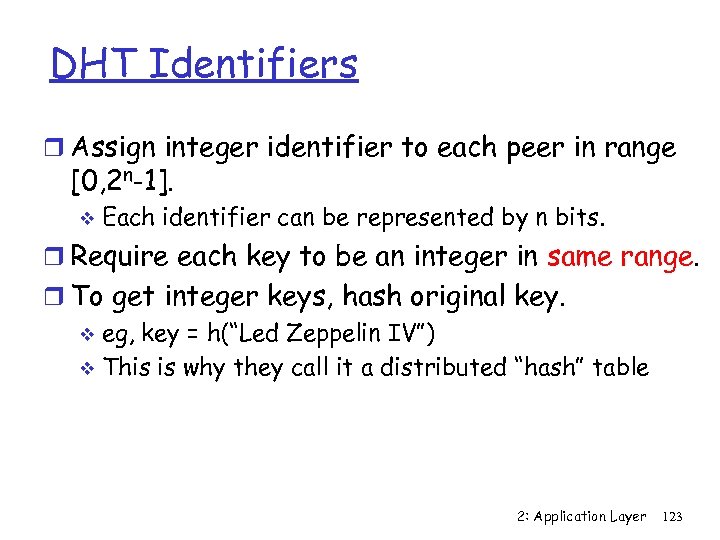 DHT Identifiers r Assign integer identifier to each peer in range [0, 2 n-1].