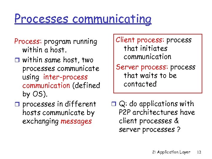 Processes communicating Process: program running within a host. r within same host, two processes