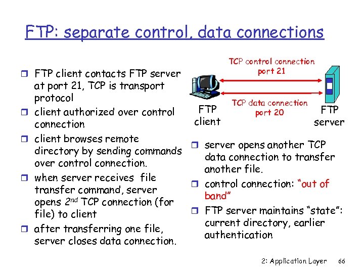 FTP: separate control, data connections r FTP client contacts FTP server r r TCP