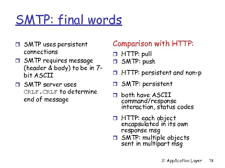 SMTP: final words r SMTP uses persistent connections r SMTP requires message (header &