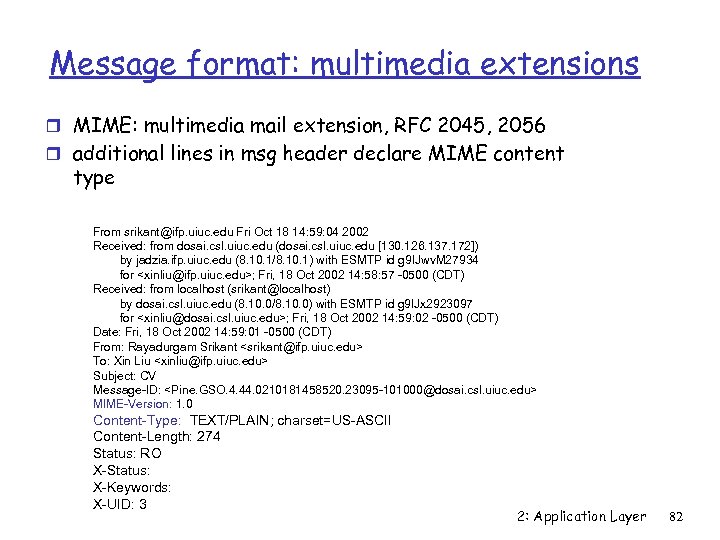 Message format: multimedia extensions r MIME: multimedia mail extension, RFC 2045, 2056 r additional