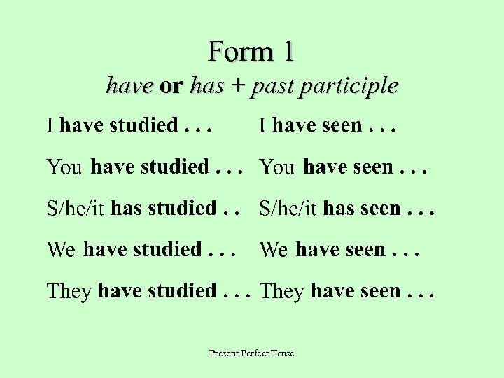 Form 1 have or has + past participle Present Perfect Tense 