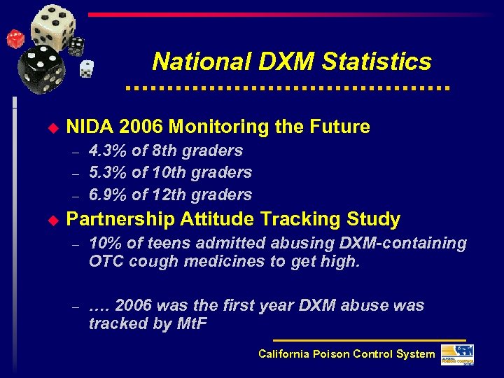National DXM Statistics u NIDA 2006 Monitoring the Future – – – u 4.