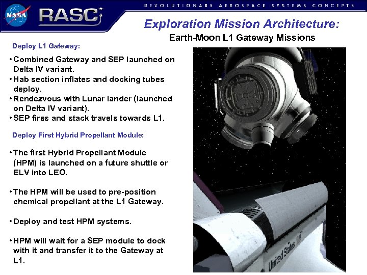 Exploration Mission Architecture: Deploy L 1 Gateway: Earth-Moon L 1 Gateway Missions • Combined