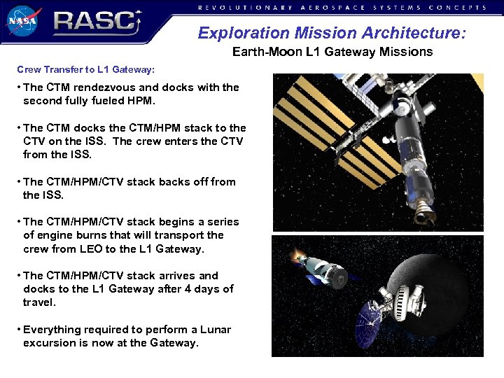 Exploration Mission Architecture: Earth-Moon L 1 Gateway Missions Crew Transfer to L 1 Gateway: