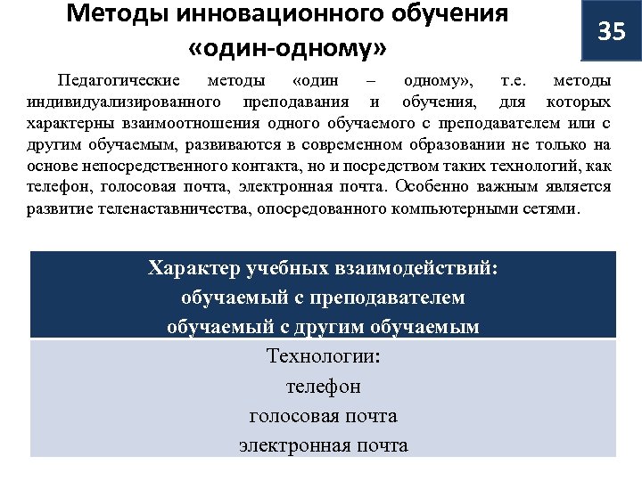 Методы инновационного обучения «один-одному» 35 Педагогические методы «один – одному» , т. е. методы
