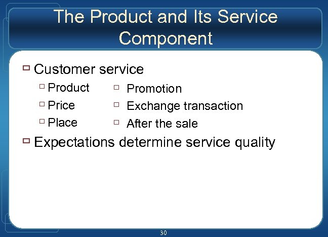 The Product and Its Service Component ù Customer service ù Product ù Promotion ù
