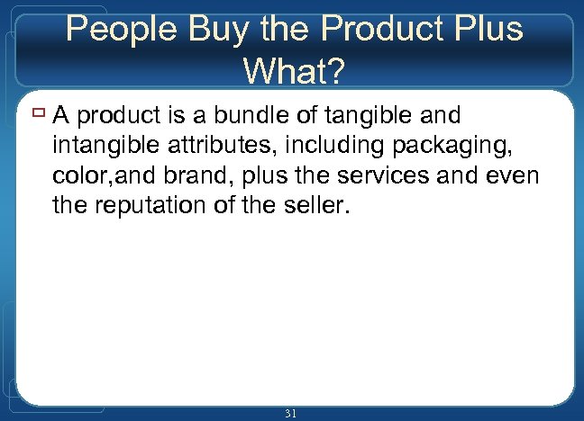 People Buy the Product Plus What? ù A product is a bundle of tangible