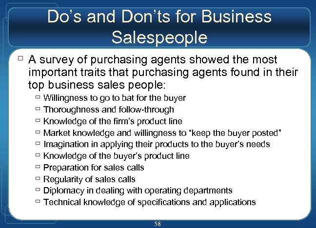 Do’s and Don’ts for Business Salespeople ù A survey of purchasing agents showed the