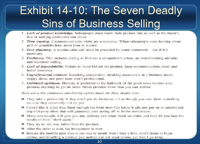 Exhibit 14 -10: The Seven Deadly Sins of Business Selling 60 