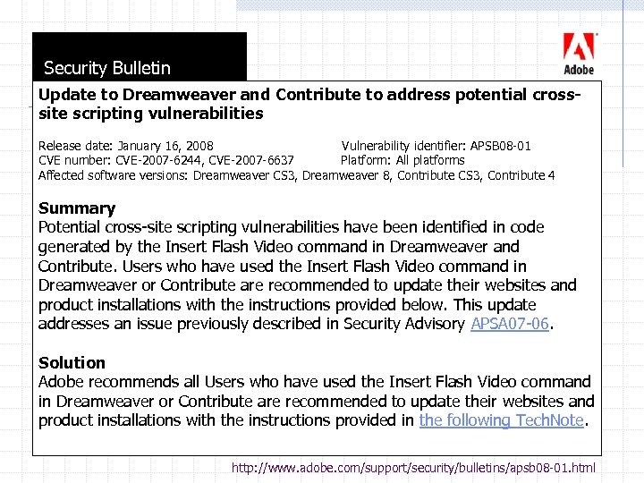  Security Bulletin Update to Dreamweaver and Contribute to address potential crosssite scripting vulnerabilities