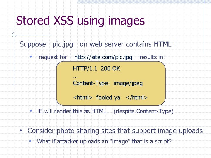 Stored XSS using images Suppose pic. jpg on web server contains HTML ! w