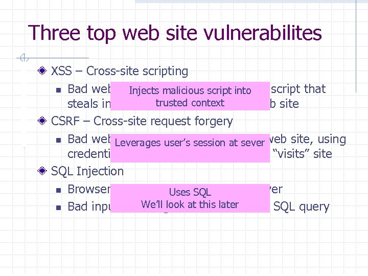 Three top web site vulnerabilites XSS – Cross-site scripting n Bad web site sends