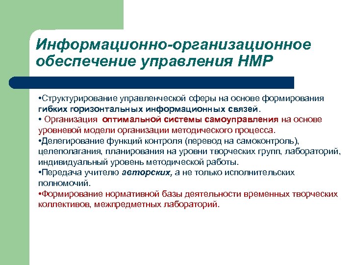 Информационно-организационное обеспечение управления НМР • Структурирование управленческой сферы на основе формирования гибких горизонтальных информационных