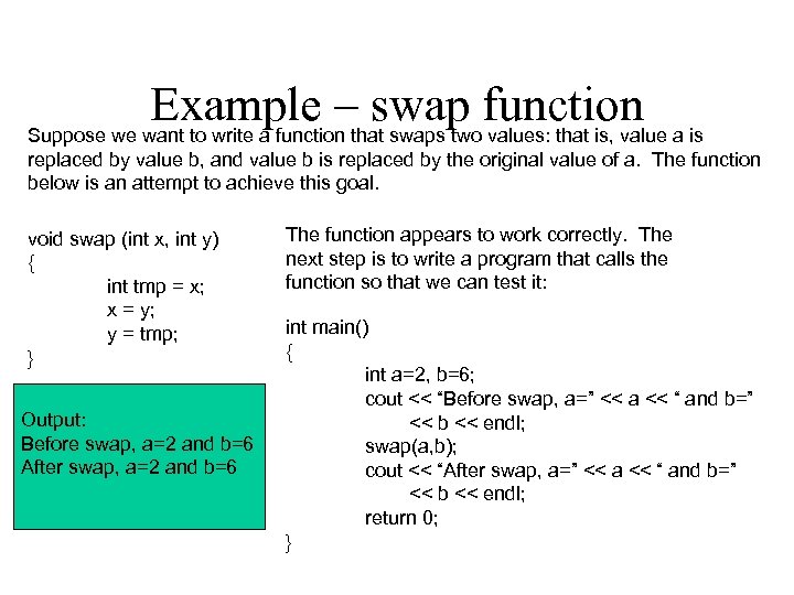 Example –that swaps twofunction a is swap values: that is, value Suppose we want