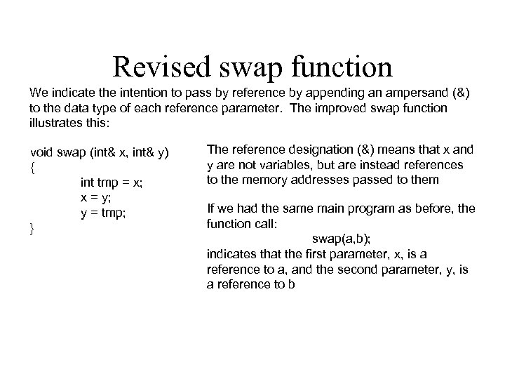 Revised swap function We indicate the intention to pass by reference by appending an