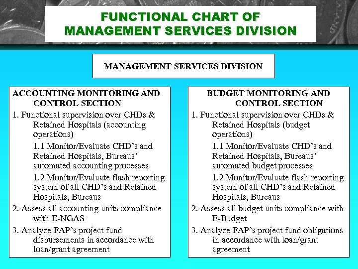 FUNCTIONAL CHART OF MANAGEMENT SERVICES DIVISION ACCOUNTING MONITORING AND CONTROL SECTION 1. Functional supervision