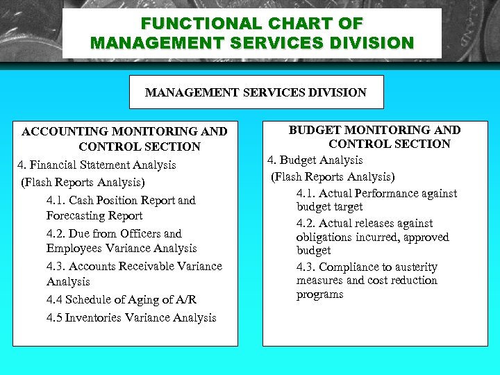 FUNCTIONAL CHART OF MANAGEMENT SERVICES DIVISION ACCOUNTING MONITORING AND CONTROL SECTION 4. Financial Statement