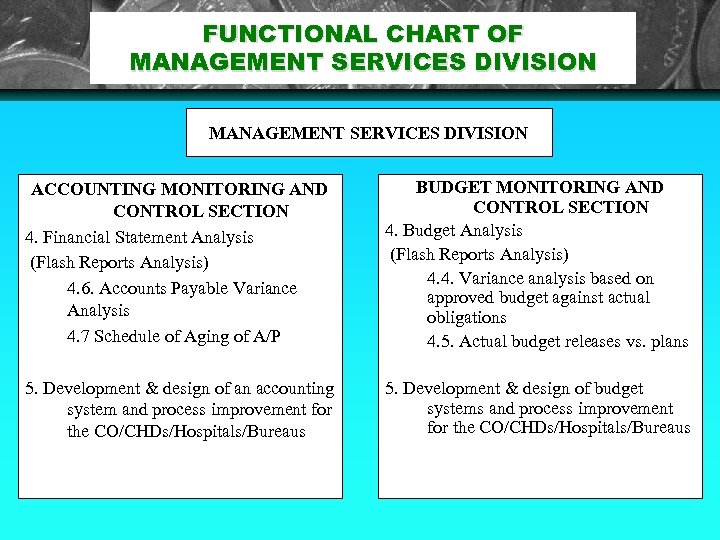 FUNCTIONAL CHART OF MANAGEMENT SERVICES DIVISION ACCOUNTING MONITORING AND CONTROL SECTION 4. Financial Statement