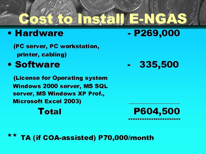 Cost to Install E-NGAS • Hardware (PC server, PC workstation, printer, cabling) • Software