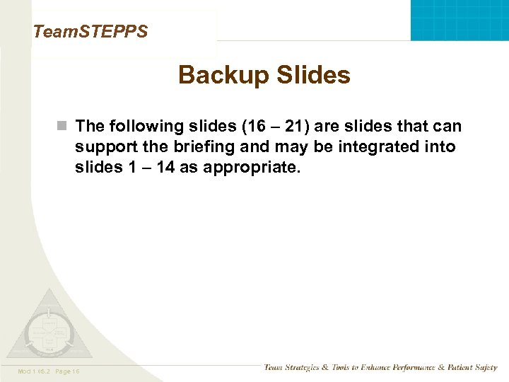 Team. STEPPS Backup Slides n The following slides (16 – 21) are slides that