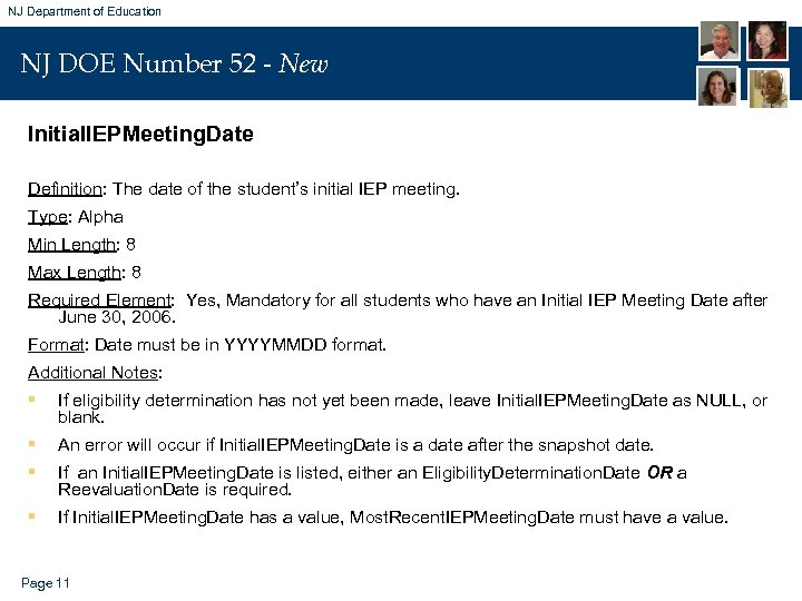 NJ Department of Education NJ DOE Number 52 - New Initial. IEPMeeting. Date Definition: