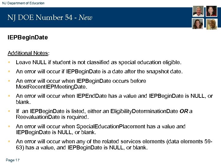 NJ Department of Education NJ DOE Number 54 - New IEPBegin. Date Additional Notes: