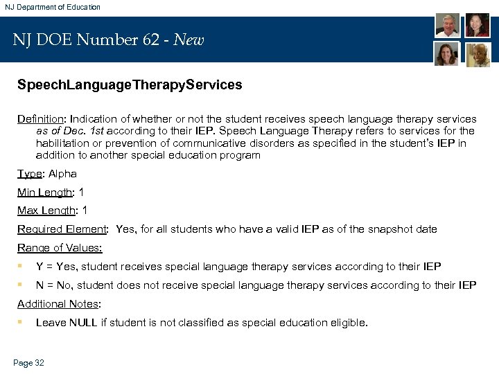 NJ Department of Education NJ DOE Number 62 - New Speech. Language. Therapy. Services