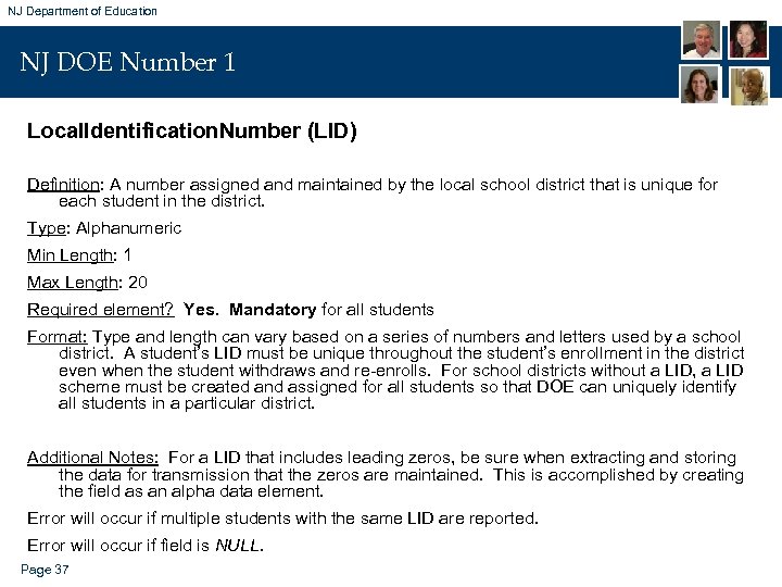 NJ Department of Education NJ DOE Number 1 Local. Identification. Number (LID) Definition: A
