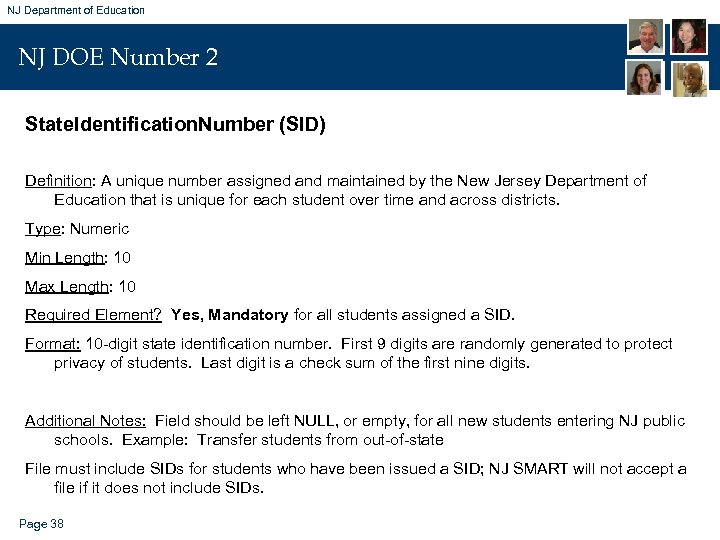 NJ Department of Education NJ DOE Number 2 State. Identification. Number (SID) Definition: A