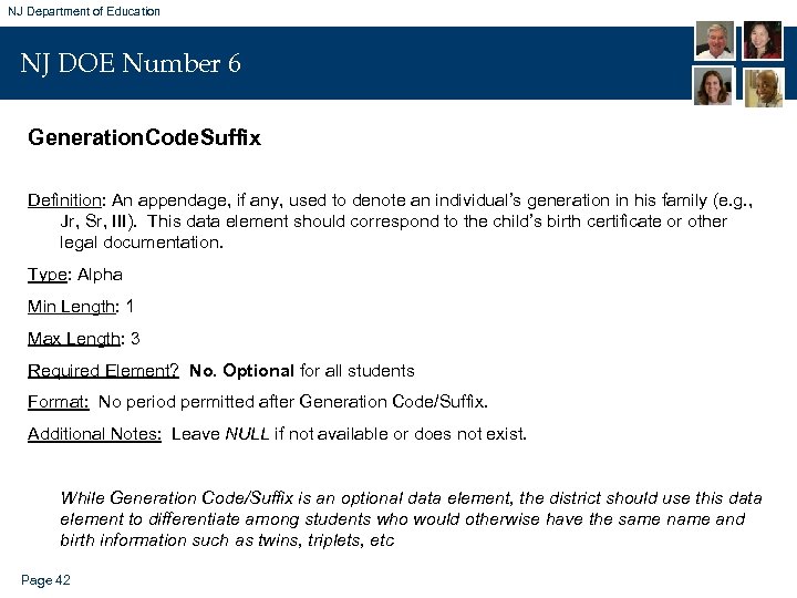 NJ Department of Education NJ DOE Number 6 Generation. Code. Suffix Definition: An appendage,