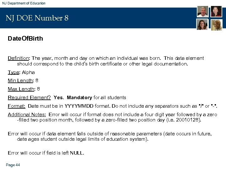 NJ Department of Education NJ DOE Number 8 Date. Of. Birth Definition: The year,