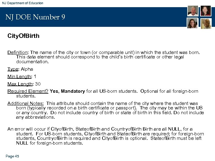 NJ Department of Education NJ DOE Number 9 City. Of. Birth Definition: The name