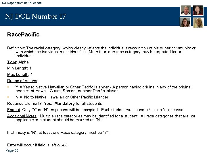 NJ Department of Education NJ DOE Number 17 Race. Pacific Definition: The racial category,