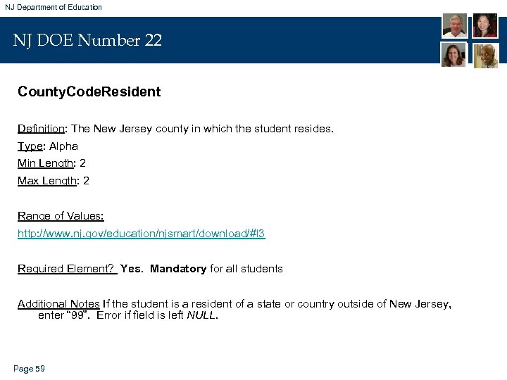 NJ Department of Education NJ DOE Number 22 County. Code. Resident Definition: The New