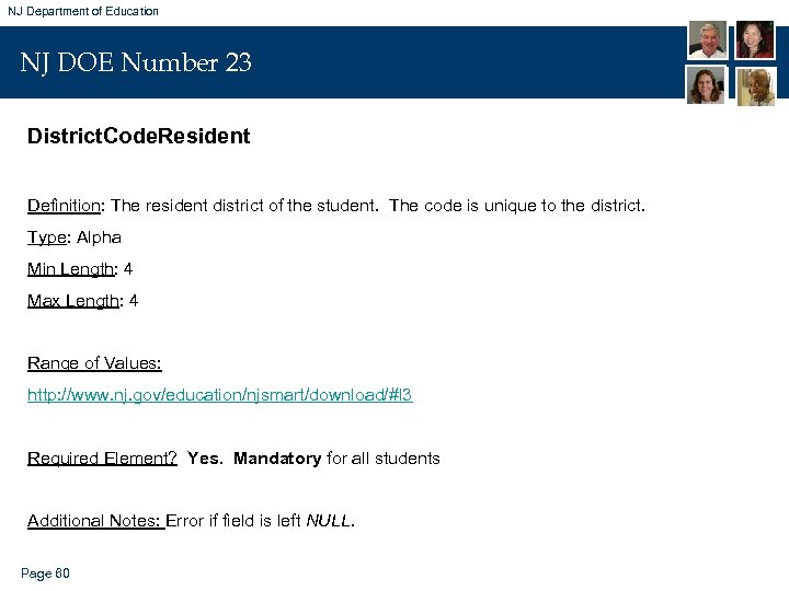 NJ Department of Education NJ DOE Number 23 District. Code. Resident Definition: The resident