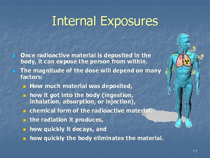 Internal Exposures n n Once radioactive material is deposited in the body, it can